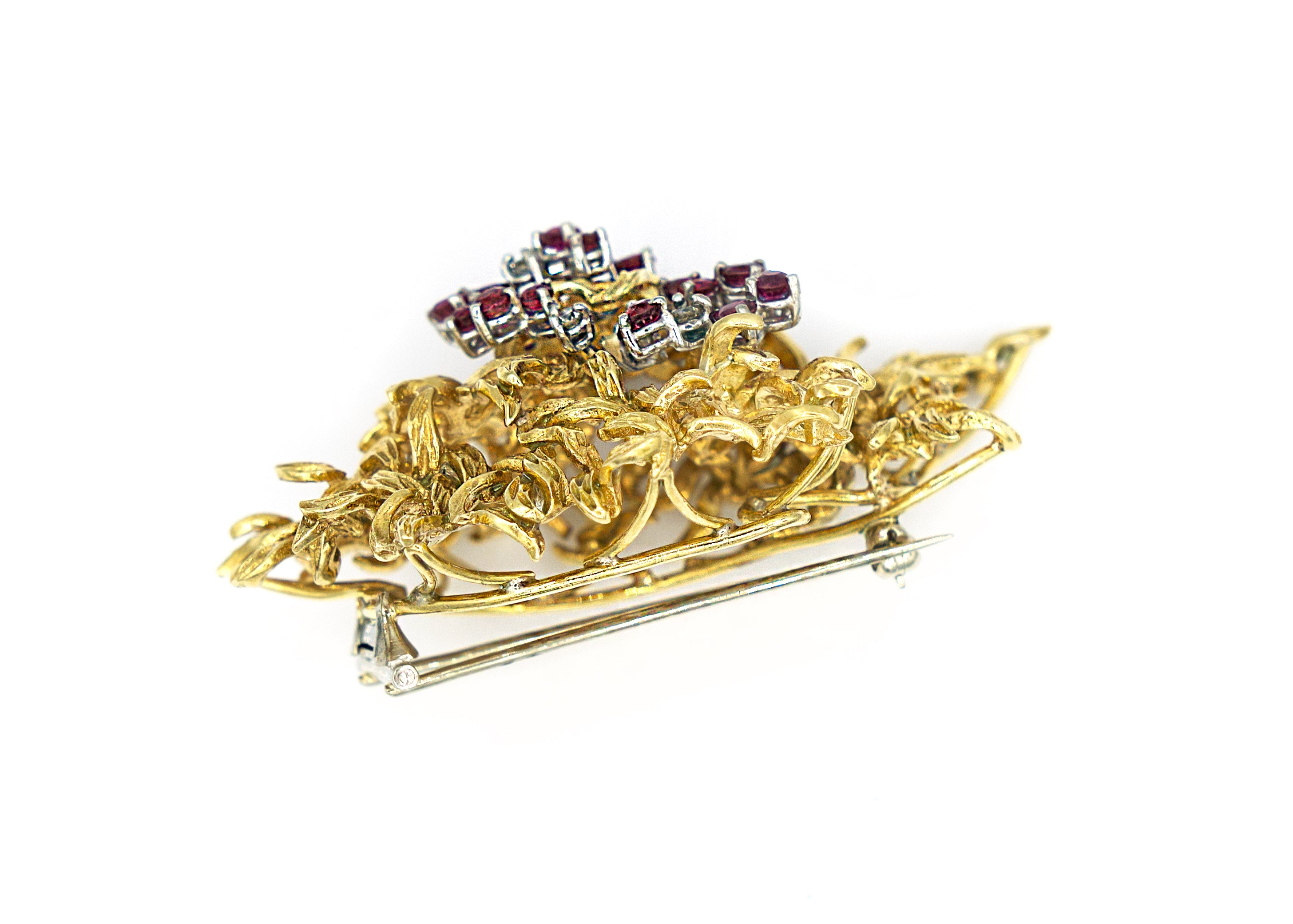 Antique Ruby and Diamond 18K Yellow Gold Brooch