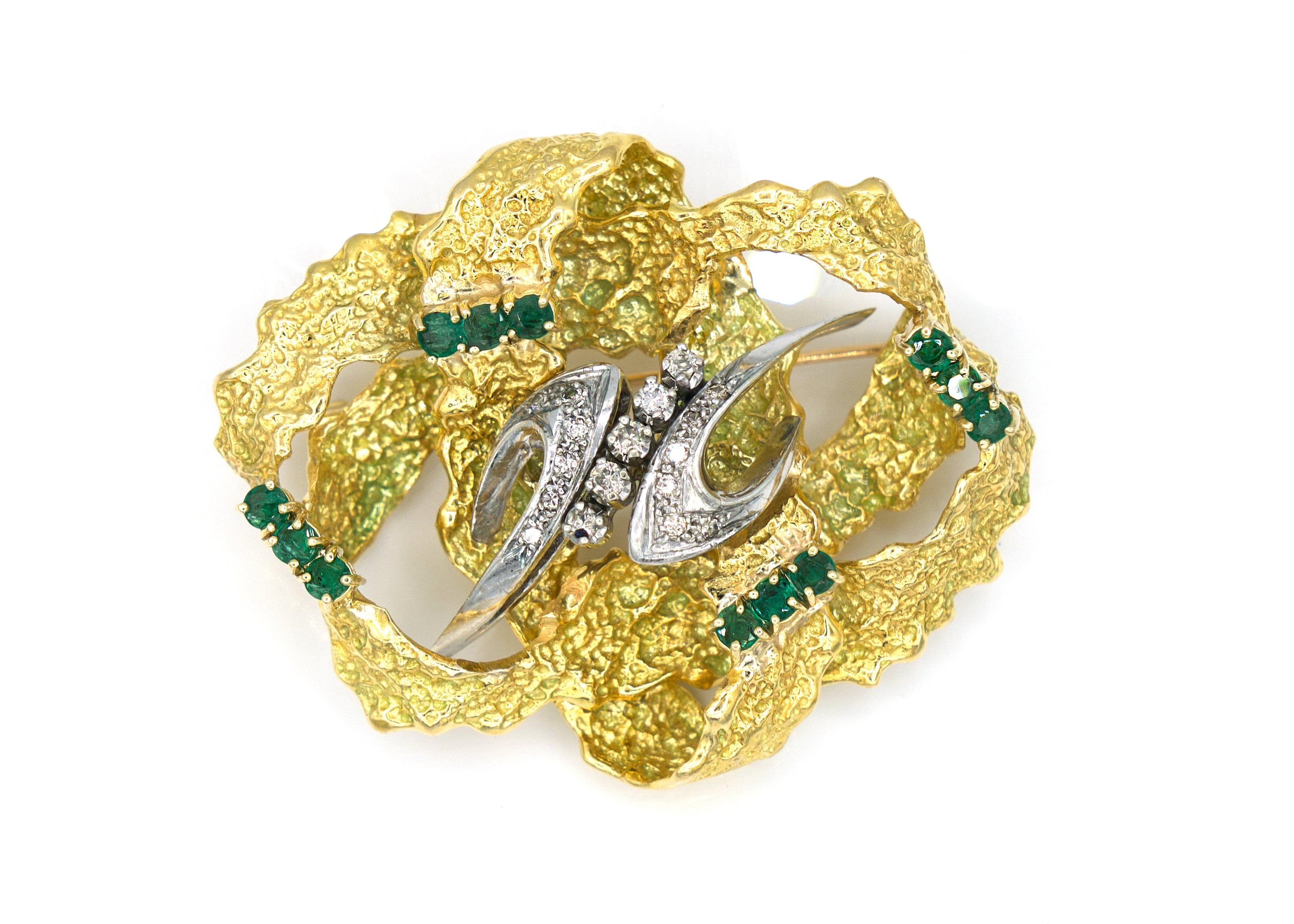 Abstract Emerald and Diamond 18K Yellow Gold Brooch