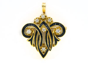 Antique Diamond and Black Enamel Free Form Design Convertible Pendant Necklace Brooch