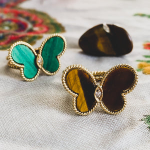 14K Twisted Gold Jumbo Butterfly Rings Available in Tigers Eye, Malachite, Carnelian, Mother of Pearl, or Onyx
