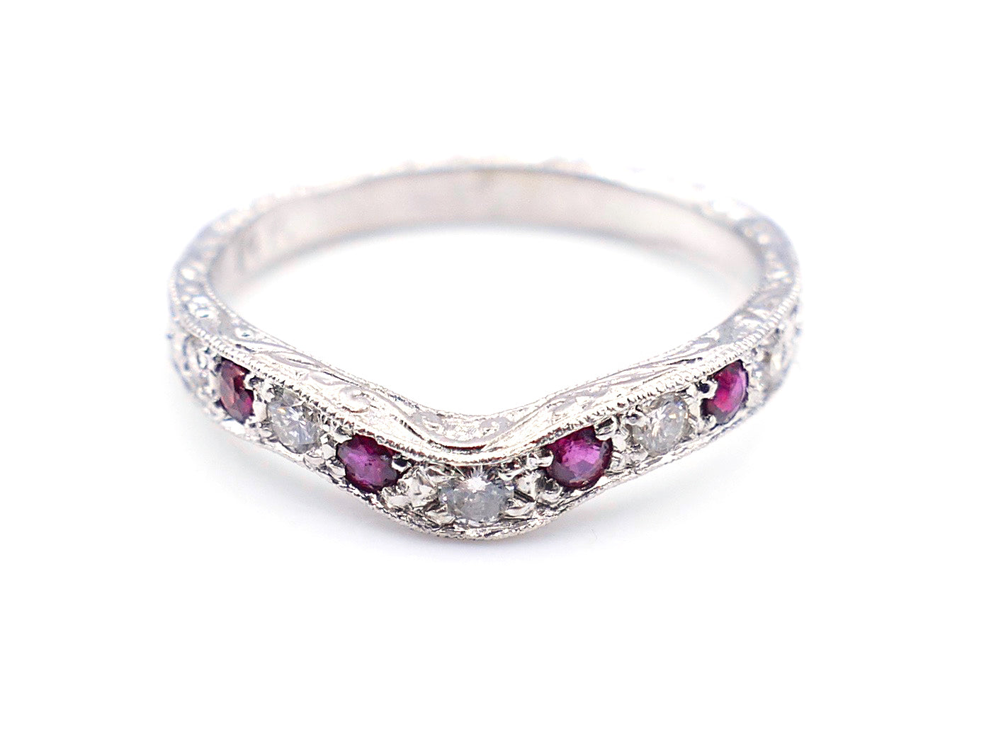 Victorian Style Ruby Diamond White Gold Curve Band