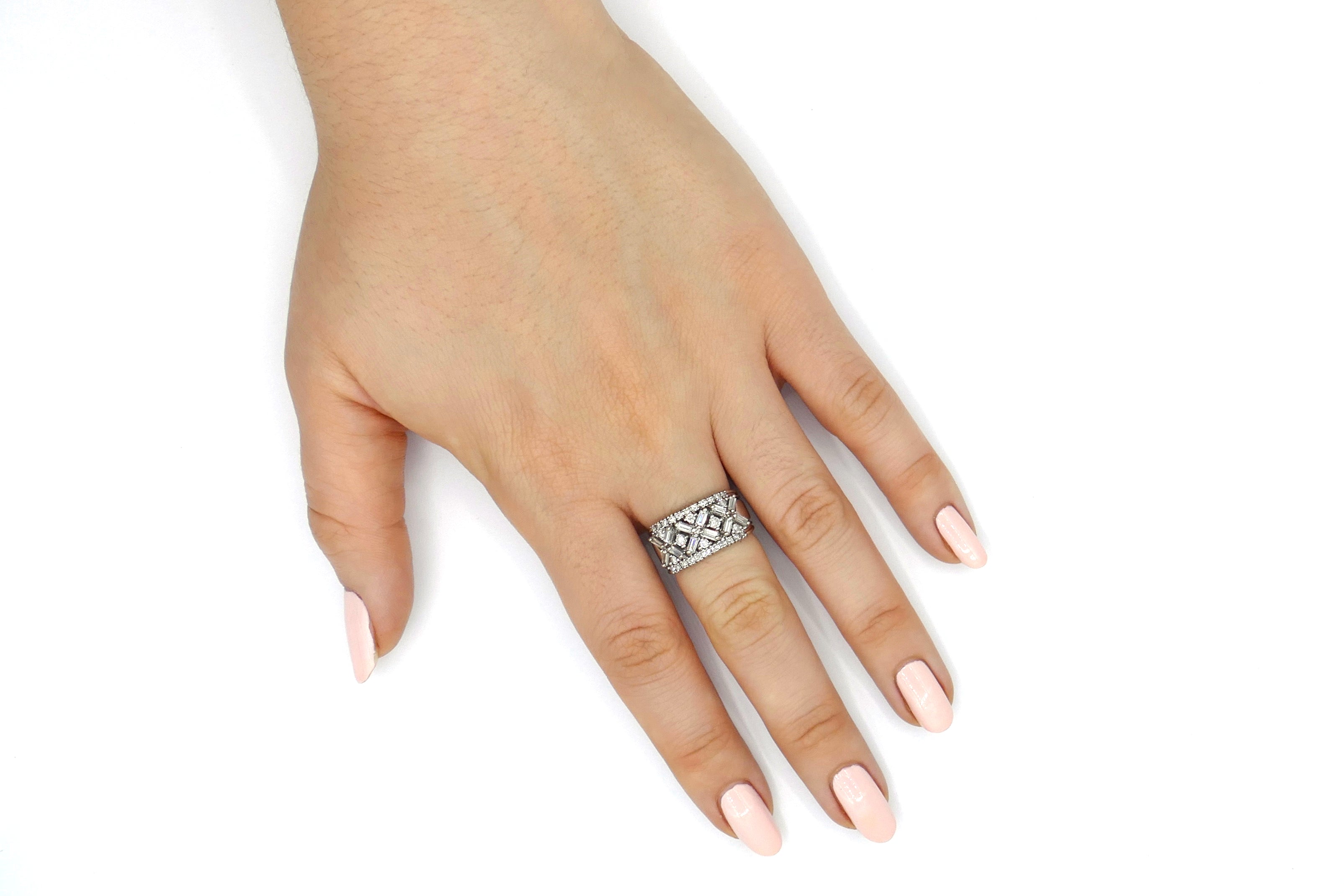 Baguette and Round 'X' Cross Diamond White Gold Ring