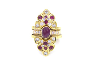 1980s Marquis Shaped Insert Diamond and Ruby Yellow Gold Ring