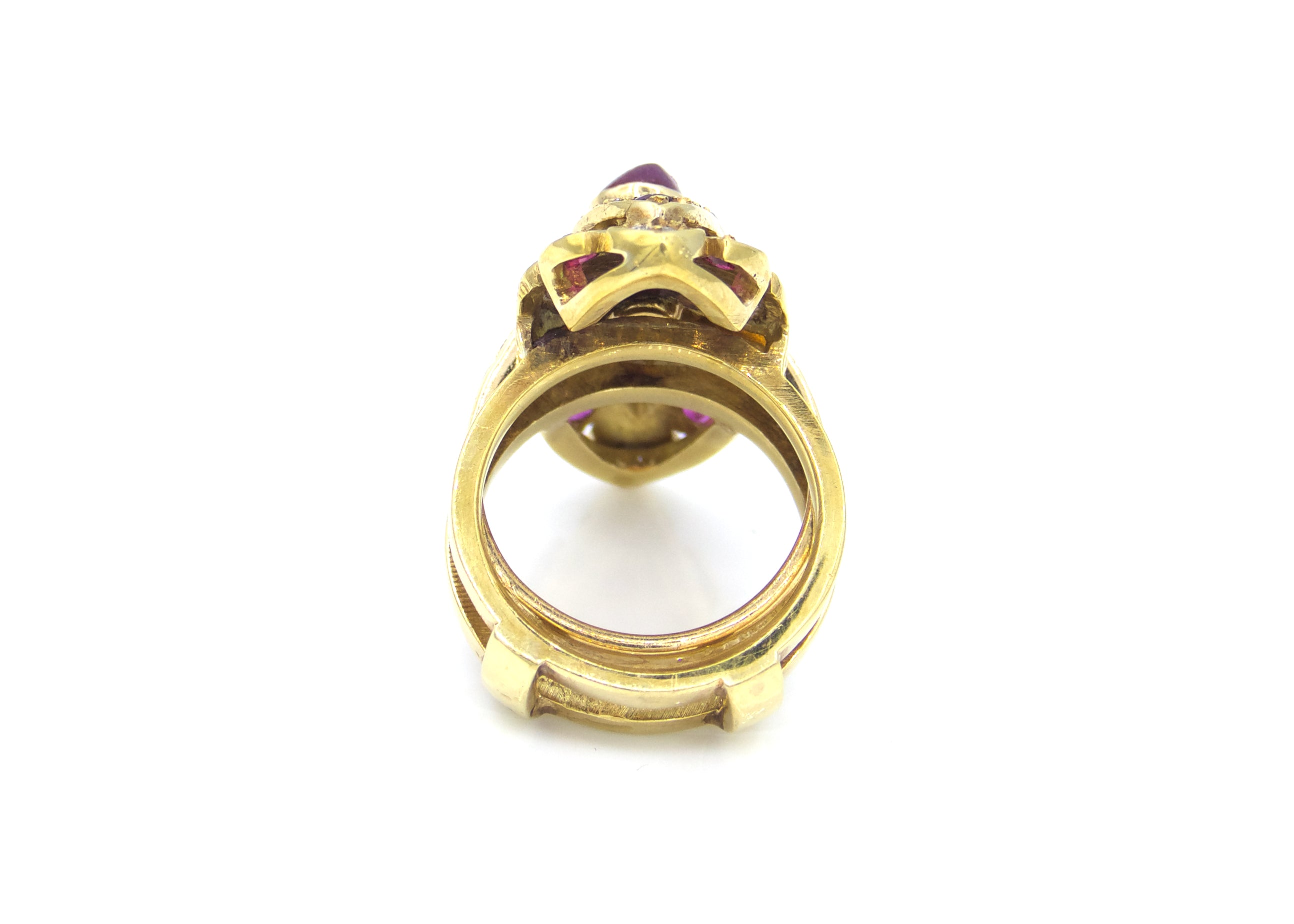1980s Marquis Shaped Insert Diamond and Ruby Yellow Gold Ring