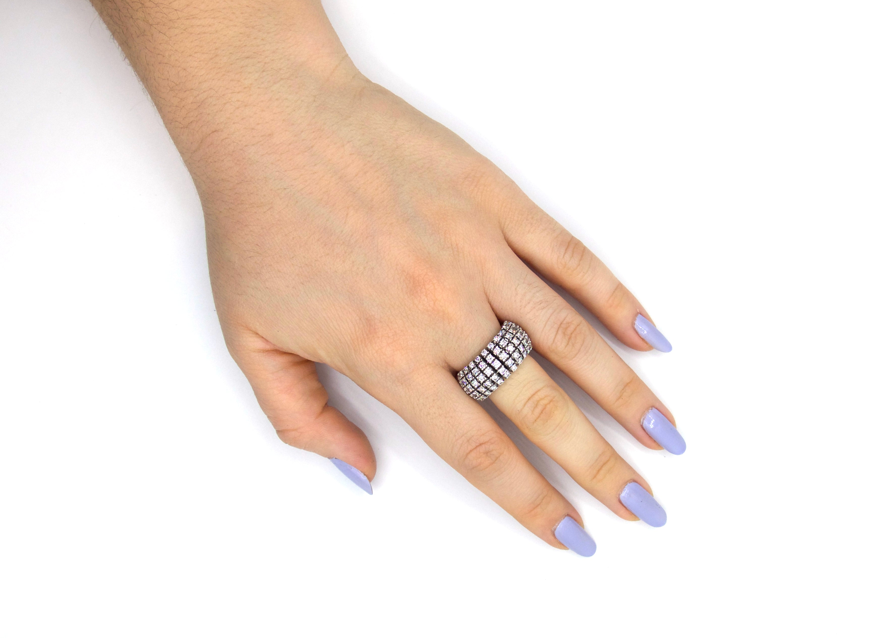 Retro Handmade Diamond and 18 k White Gold Elastic Ring