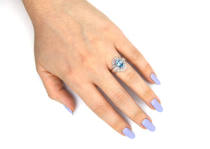 Blue Zircon and Diamond White Gold Antique Style Ring