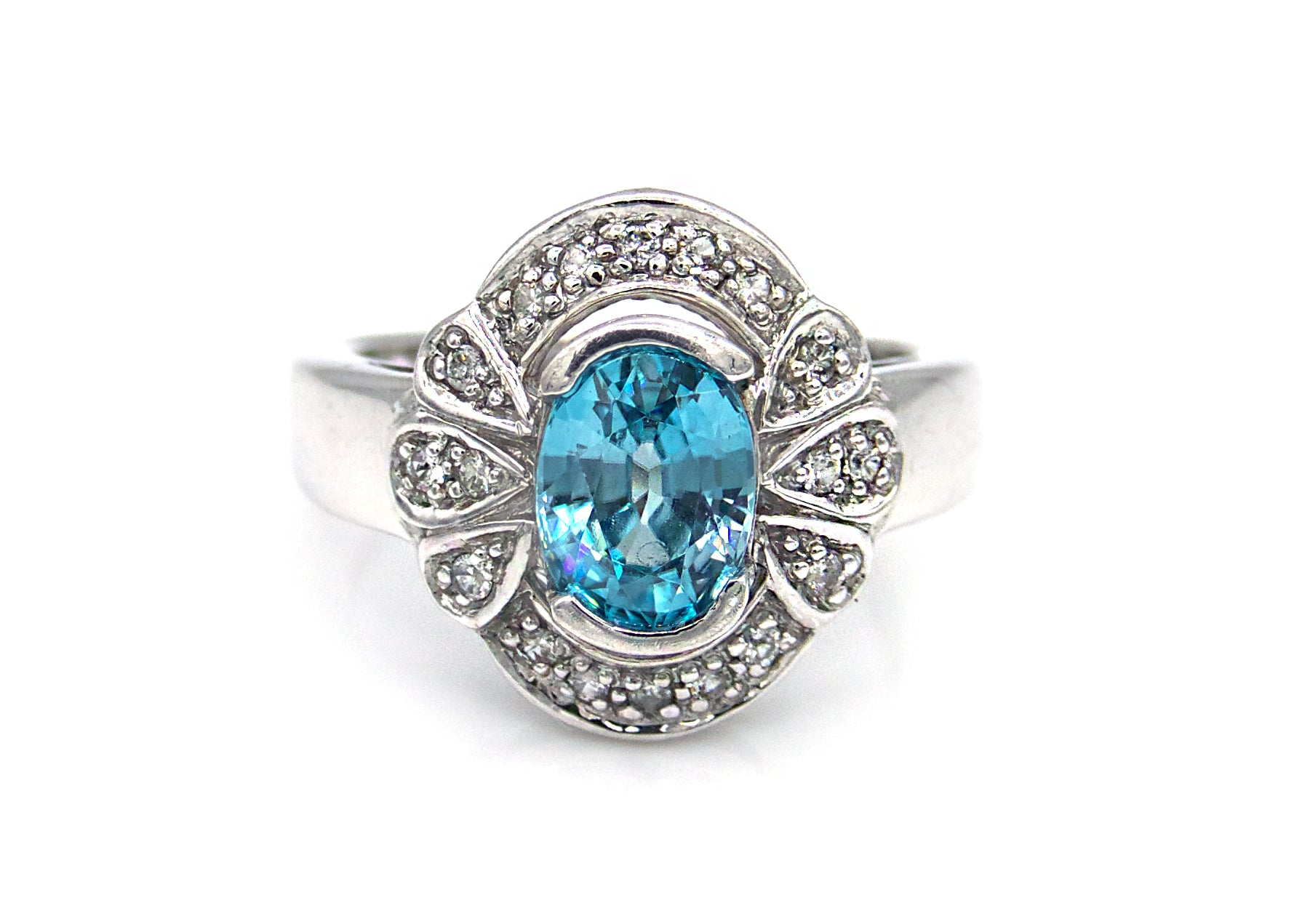 Blue Zircon and Diamond White Gold Antique Style Ring