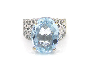 Light Blue Oval Cut Topaz 14K White Gold Hearts Band Ring