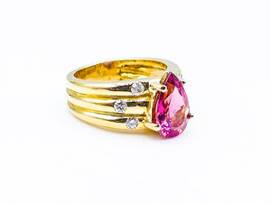 1980s Pear Shape Pink Tourmaline Diamond 18K Yellow Gold Ring