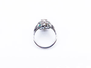 Edwardian 3 Stone Diamond Emerald North South Ring