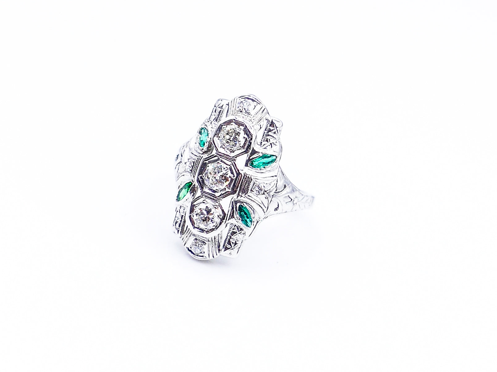 Edwardian 3 Stone Diamond Emerald North South Ring