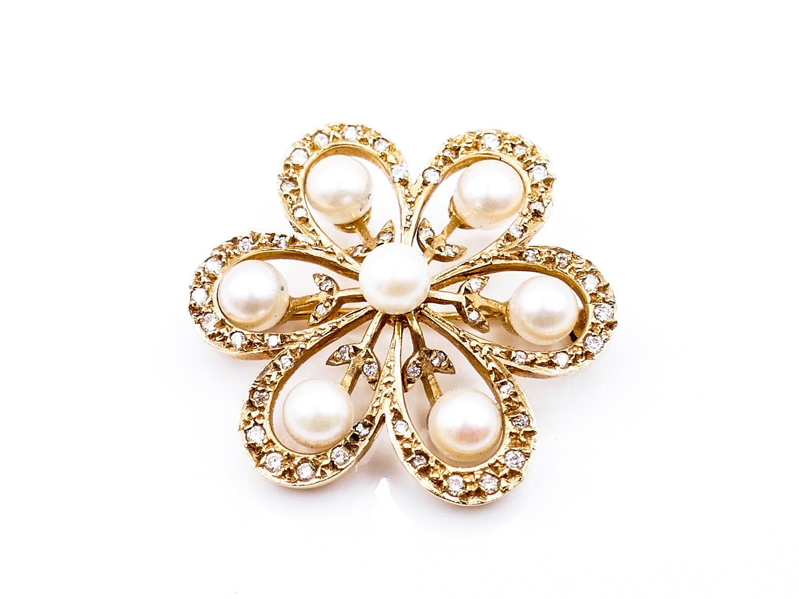 Vintage Pearl and Diamond Gold Flower Brooch
