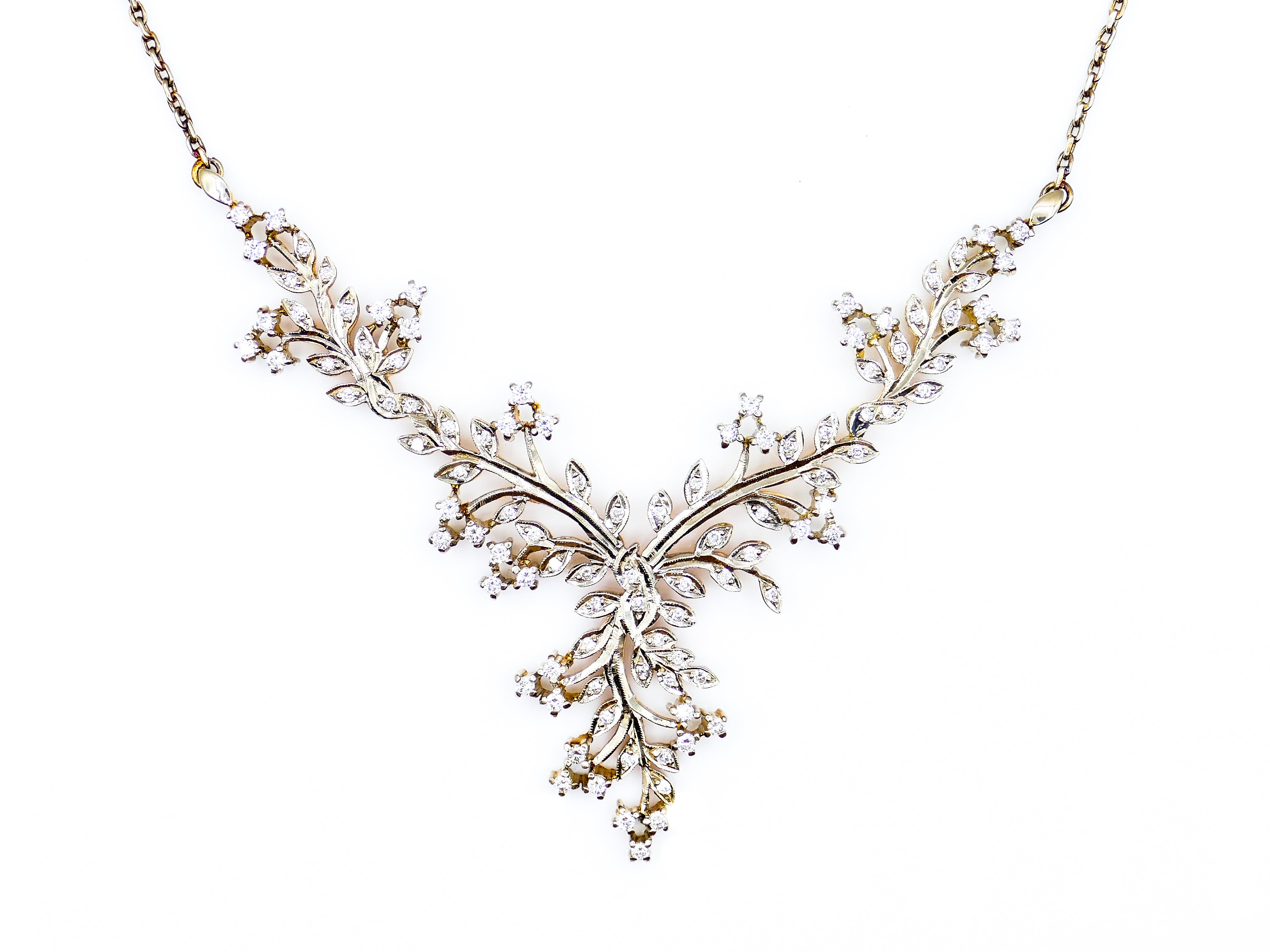 Antique Handmade European Diamond and Yellow Gold Leaf Necklace