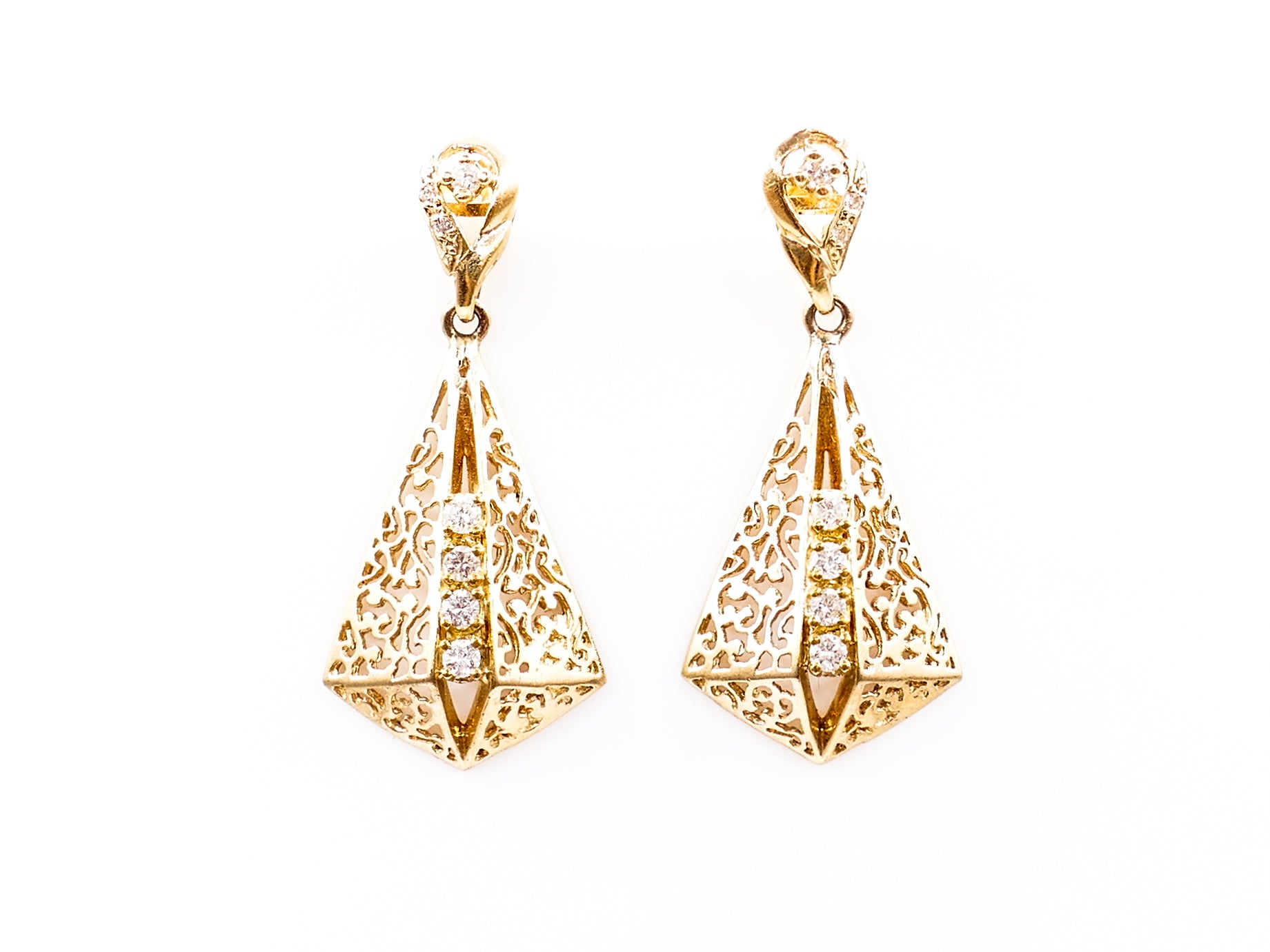 Yellow Gold Diamond Filigree Drop Pendant Earrings