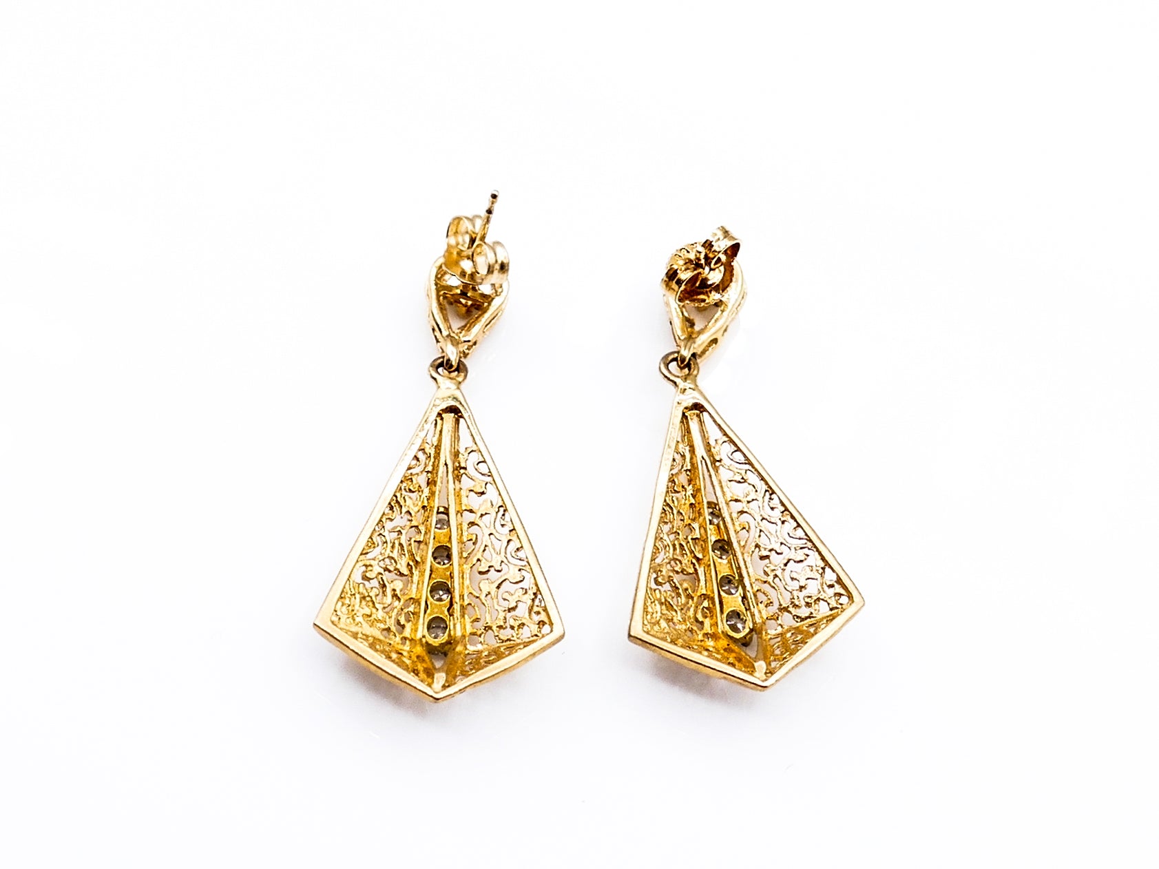 Yellow Gold Diamond Filigree Drop Pendant Earrings
