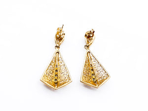 Yellow Gold Diamond Filigree Drop Pendant Earrings