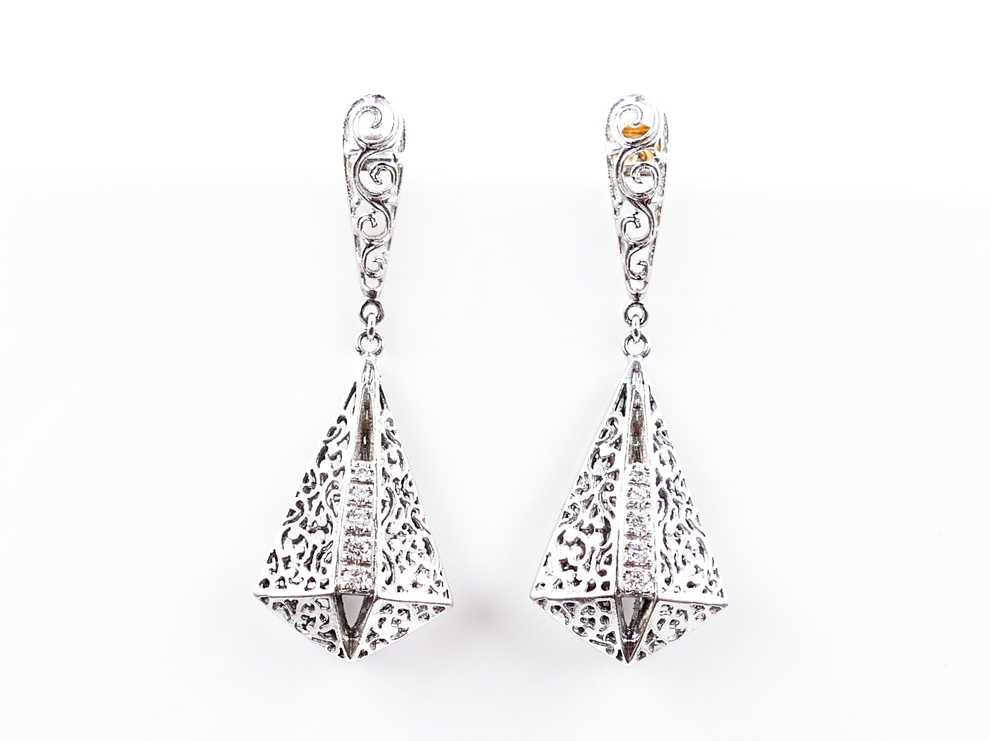 White Gold Diamond Filigree Drop Pendant Earrings