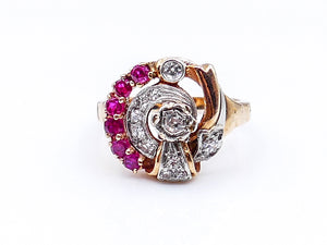 Retro Rose Gold Ruby and Diamond Cocktail Ring
