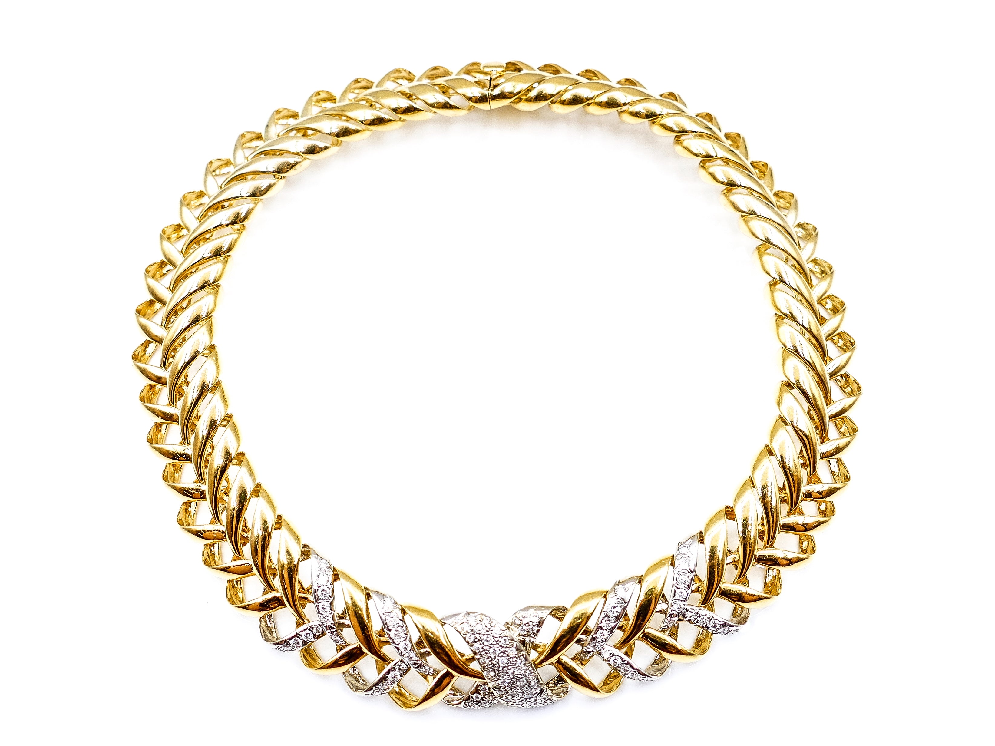 Italian Open Lace 18k Gold and Diamond Collar Necklace