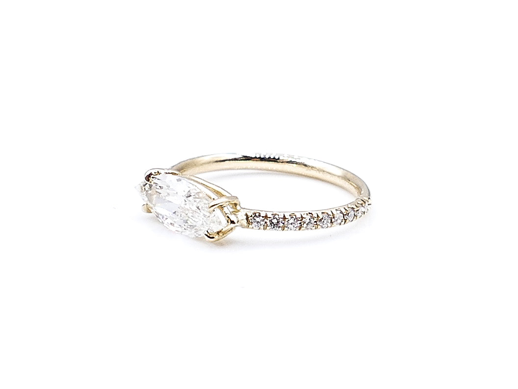 Custom Made Elongated Marquise-Cut Diamond and Yellow Gold Ring