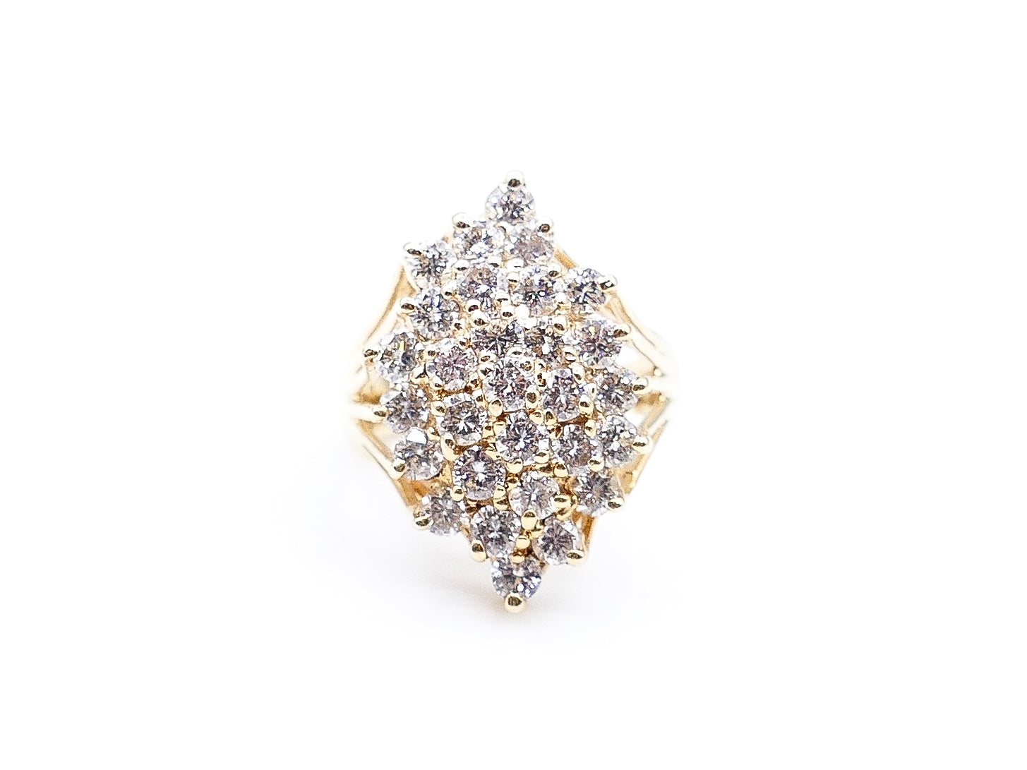 Retro Asymmetrical Navette Diamond Cluster and Yellow Gold Ring