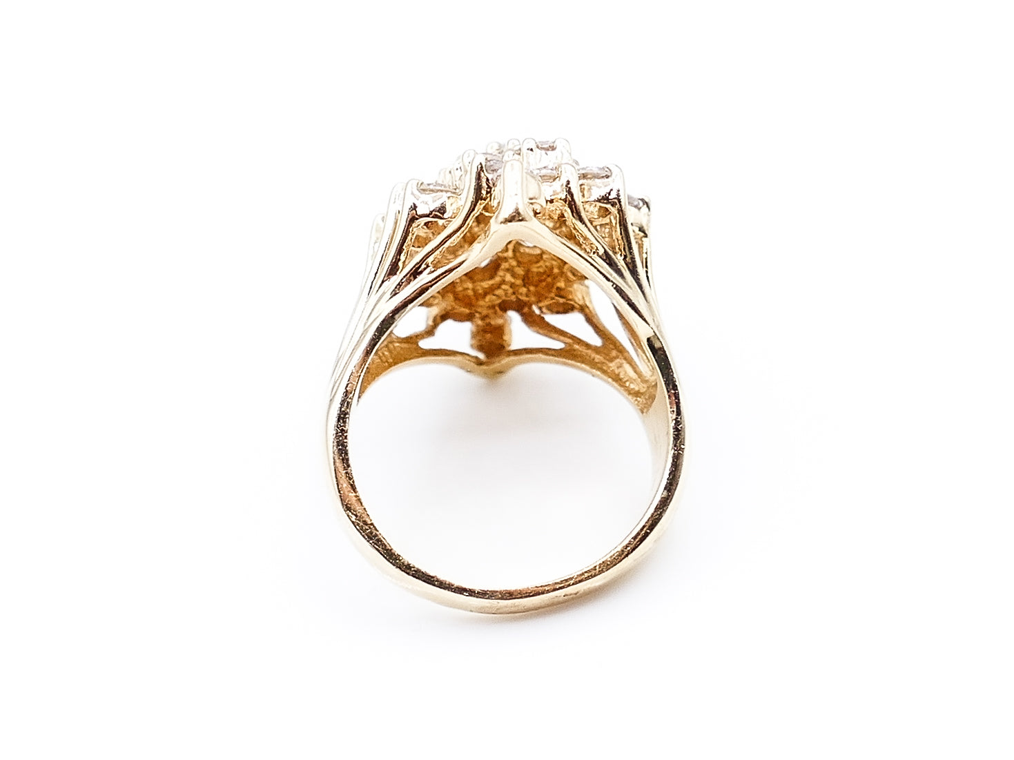 Retro Asymmetrical Navette Diamond Cluster and Yellow Gold Ring