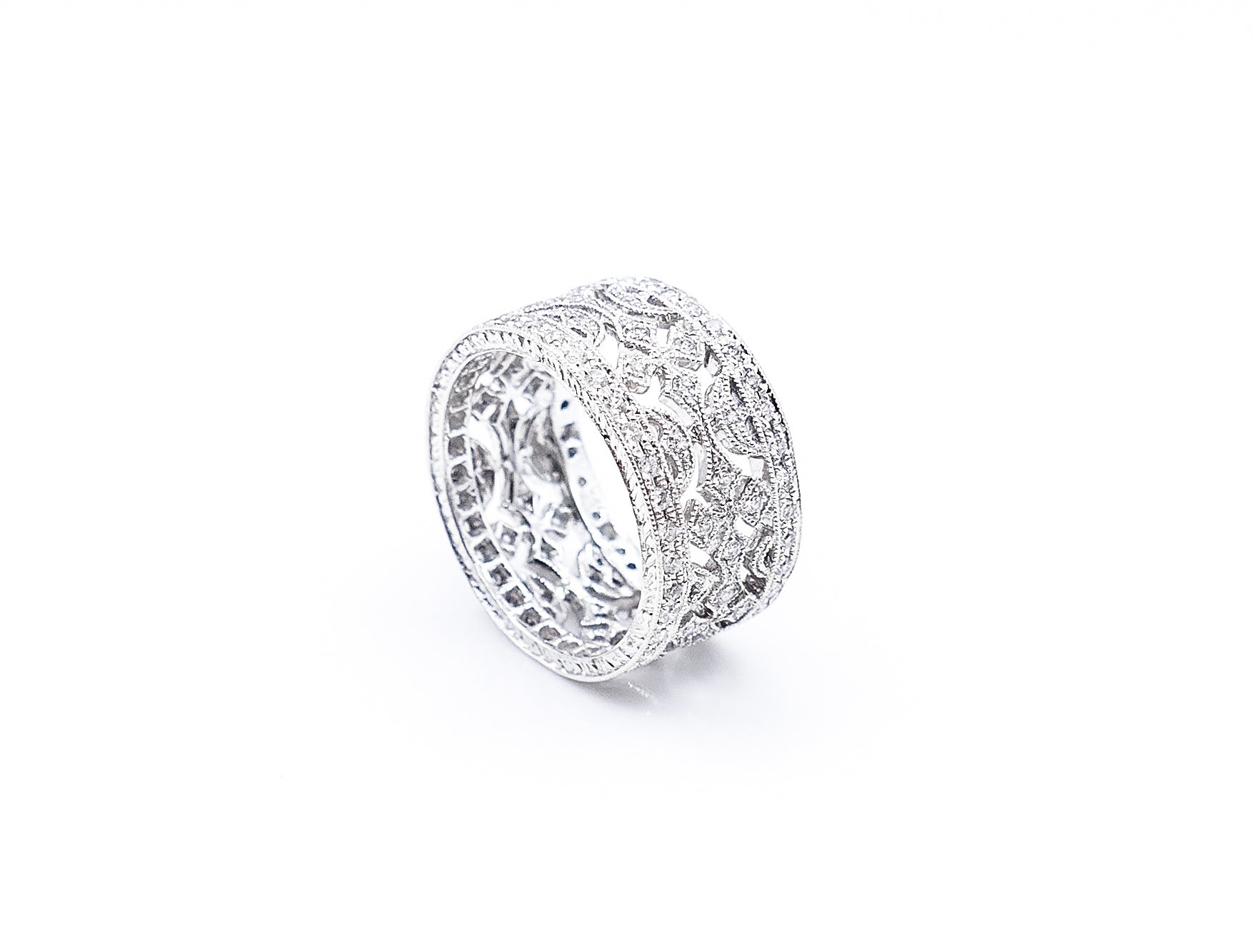 *Diamond Filigree Wide Band 18K White Gold Ring