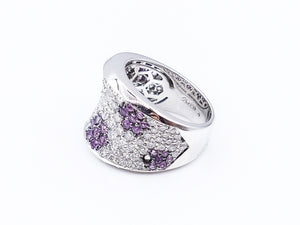 Diamond With Pink Sapphire Flowers 18K White Gold Ring