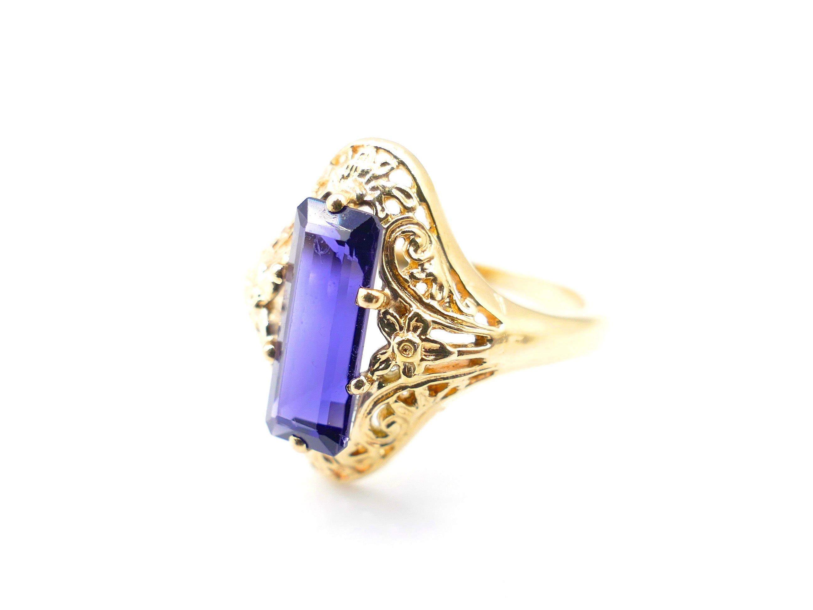 North-South Emerald Cut Iolite and Yellow Gold Filigree Ring