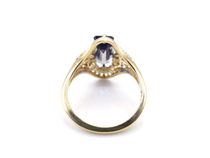 North-South Emerald Cut Iolite and Yellow Gold Filigree Ring