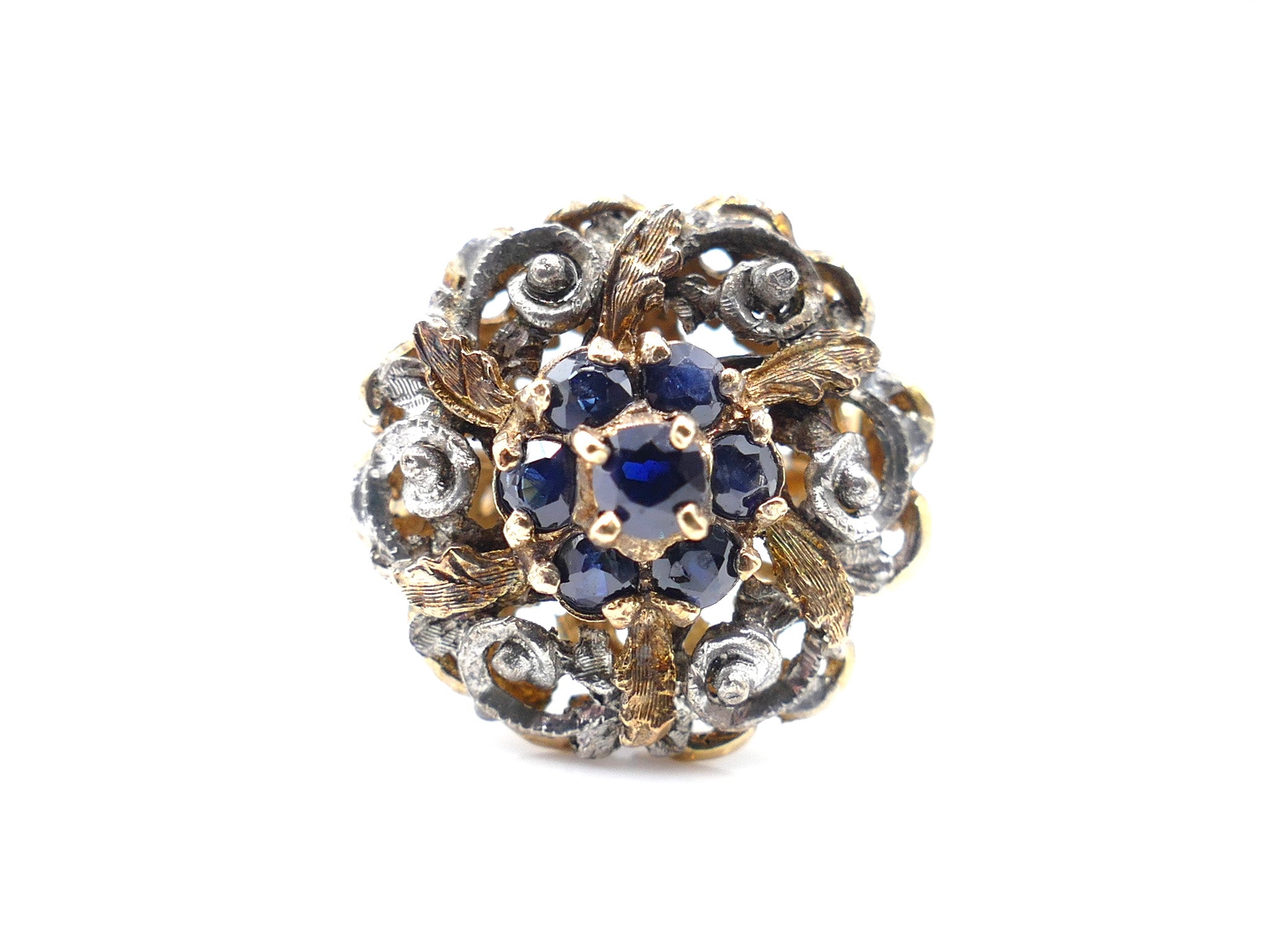 Antique Patina Sapphire 18K Yellow Gold and Silver Ring