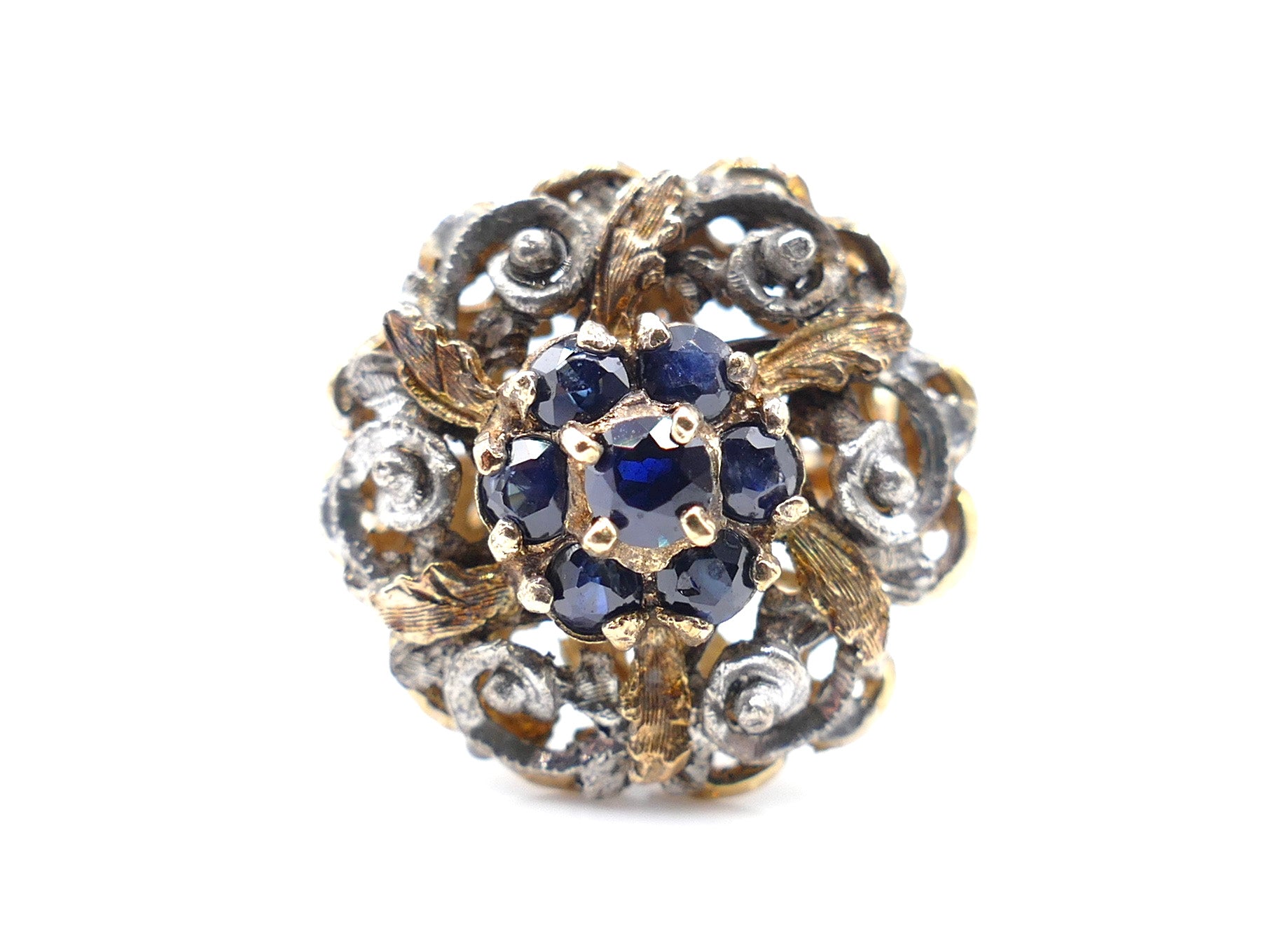 Antique Patina Sapphire 18K Yellow Gold and Silver Ring