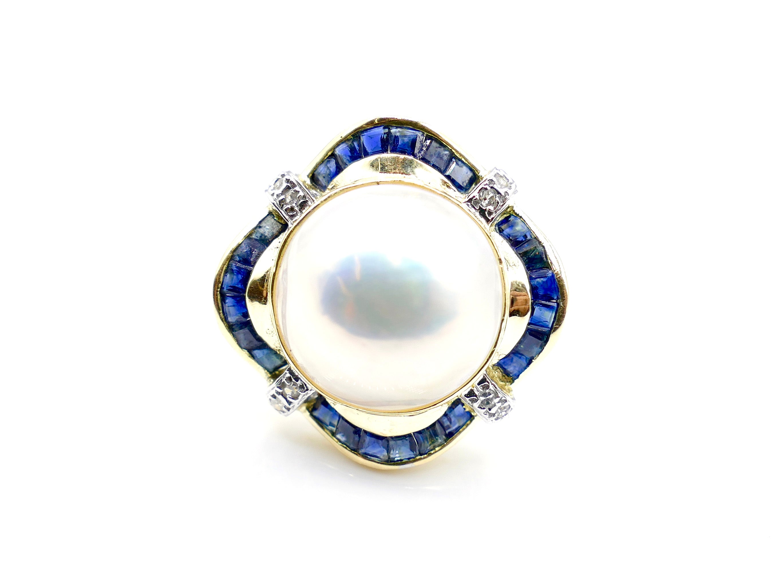 Mabe Pearl and Channel Set Sapphire Ballerina Design Ring