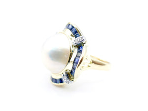 Mabe Pearl and Channel Set Sapphire Ballerina Design Ring