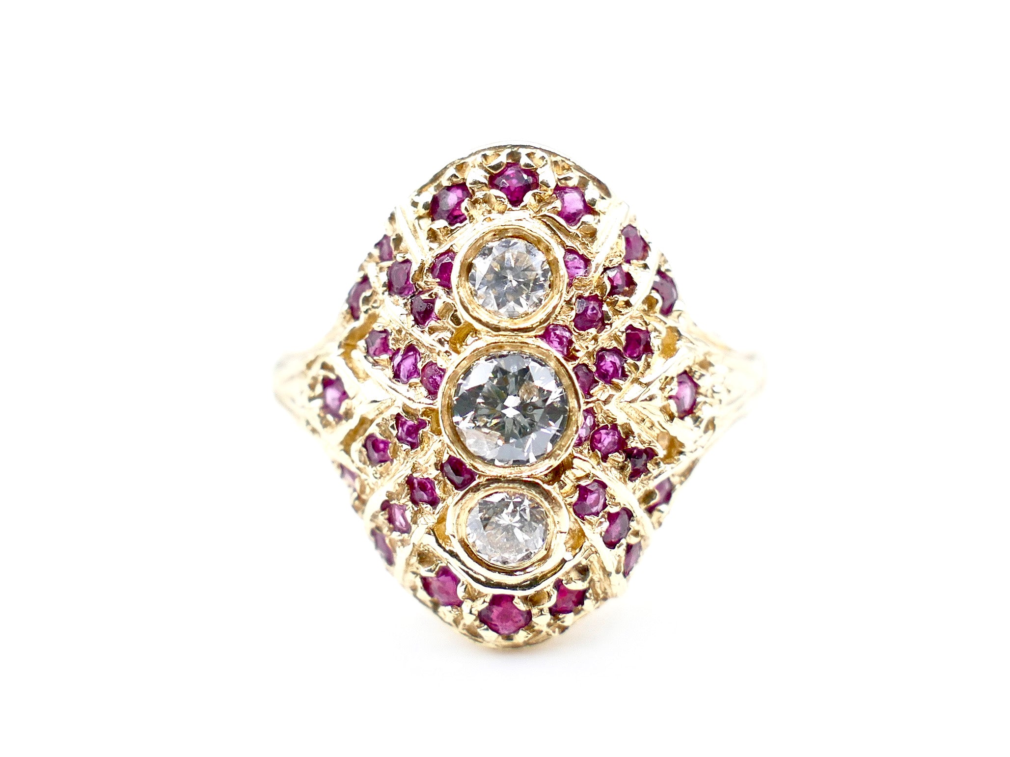Antique Style 3 Diamond and Rubies 14K Yellow Gold Ring