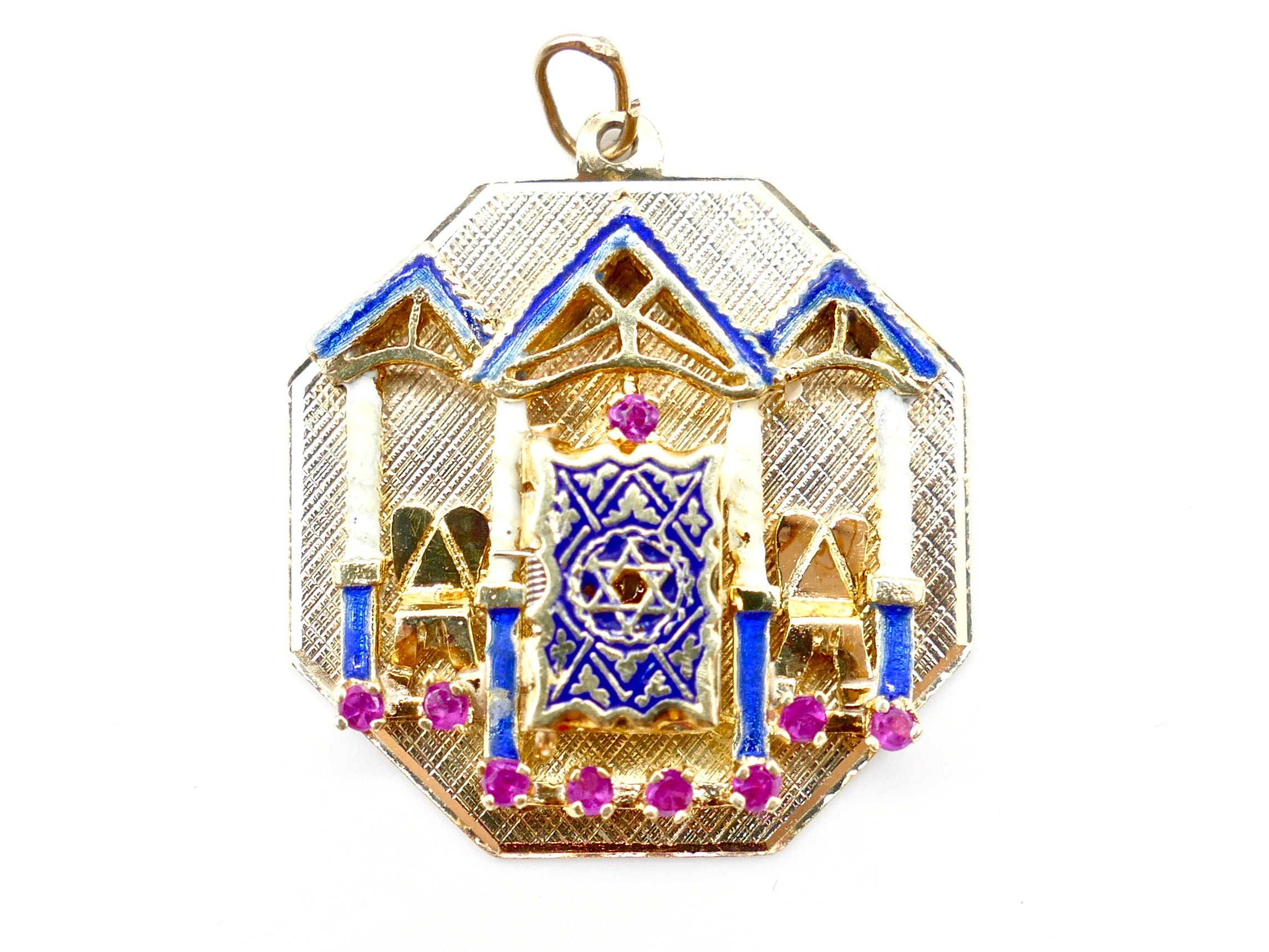 Octagonal Enamel, Ruby and 14K Yellow Gold Torah Arc Pendant Charm