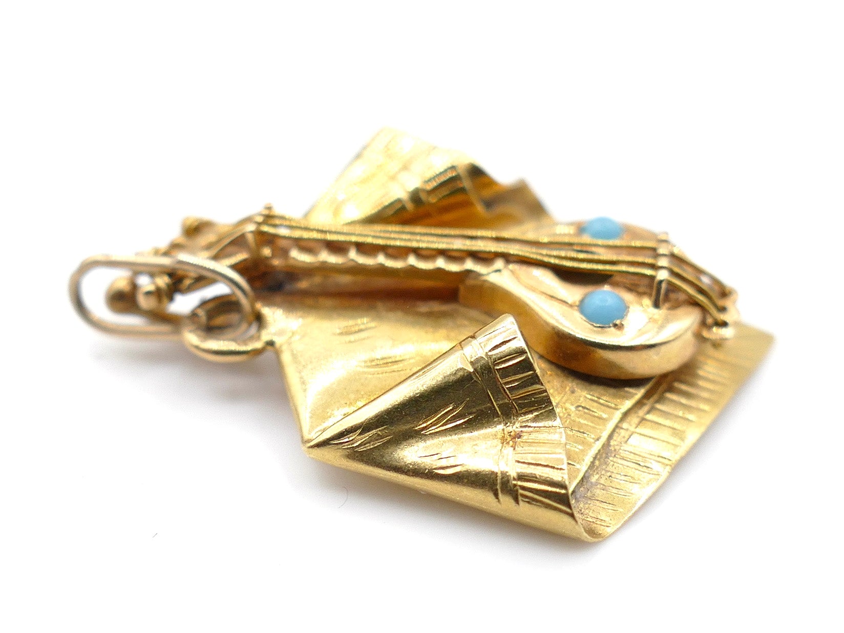 14K Gold and Turquoise Mandolin on Flowing Curtain Charm